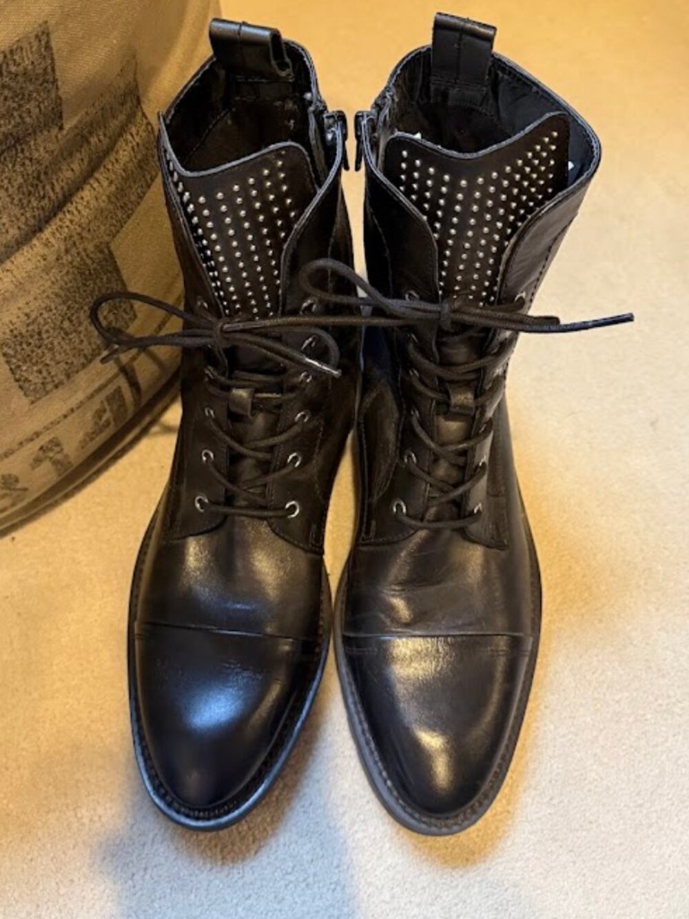 Zara Black Leather Studded Combat Boots Size EU 41/Size 10